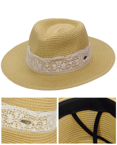 Nyfashion101 C.C Women's Paper Woven Panama Sun Beach Hat With Lace Trim Natural