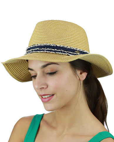 Nyfashion101 C.C Women's Paper Woven Panama Sun Beach Hat With Navy Fuzzy Band Natural