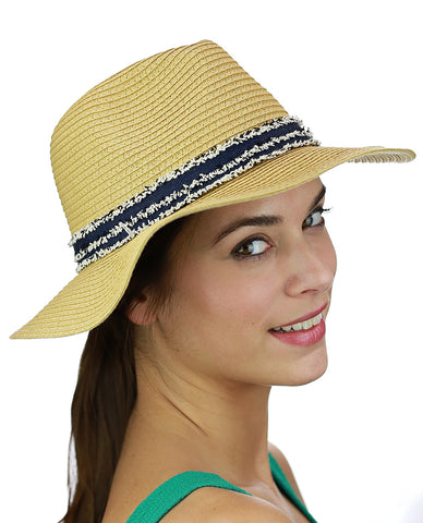 Nyfashion101 C.C Women's Paper Woven Panama Sun Beach Hat With Navy Fuzzy Band Natural