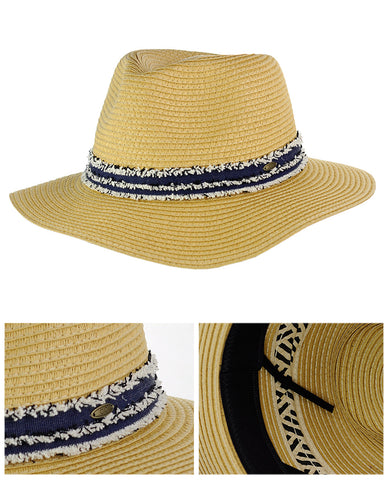 Nyfashion101 C.C Women's Paper Woven Panama Sun Beach Hat With Navy Fuzzy Band Natural