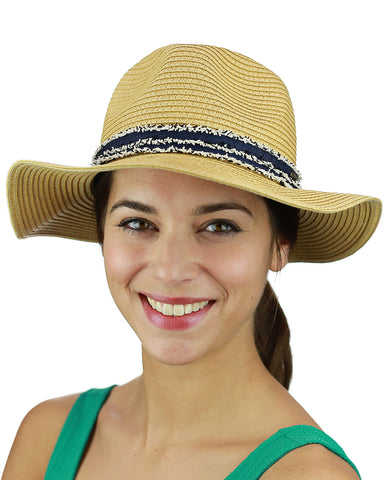 nyfashion101 C.C Women's Paper Woven Panama Sun Beach Hat with Navy Fuzzy Band Natural