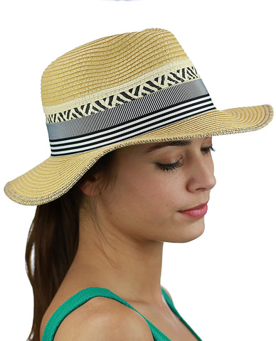 Nyfashion101 C.C Women's Paper Woven Panama Sun Beach Hat With Striped Band Natural