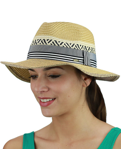 Nyfashion101 C.C Women's Paper Woven Panama Sun Beach Hat With Striped Band Natural