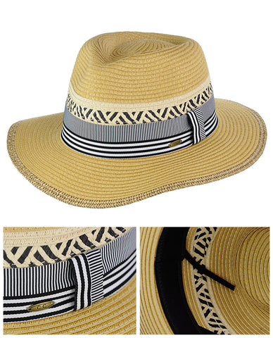 Nyfashion101 C.C Women's Paper Woven Panama Sun Beach Hat With Striped Band Natural