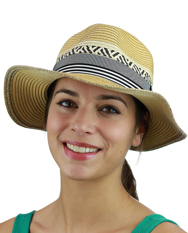 nyfashion101 C.C Women's Paper Woven Panama Sun Beach Hat with Striped Band Natural