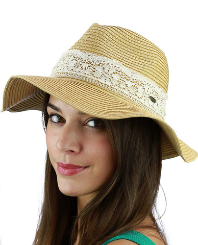 nyfashion101 C.C Women's Paper Woven Panama Sun Beach Hat with Lace Trim Natural