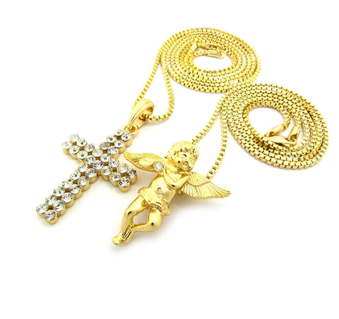 Nyfashion101 Cherub Angel & 2 Row Stone Cross Pendant Set W/ 24" & 30" Box Chain Necklaces In Gold-Tone