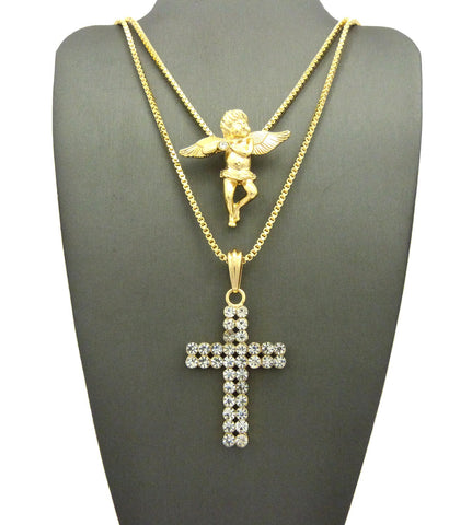 Nyfashion101 Cherub Angel & 2 Row Stone Cross Pendant Set W/ 24" & 30" Box Chain Necklaces In Gold-Tone