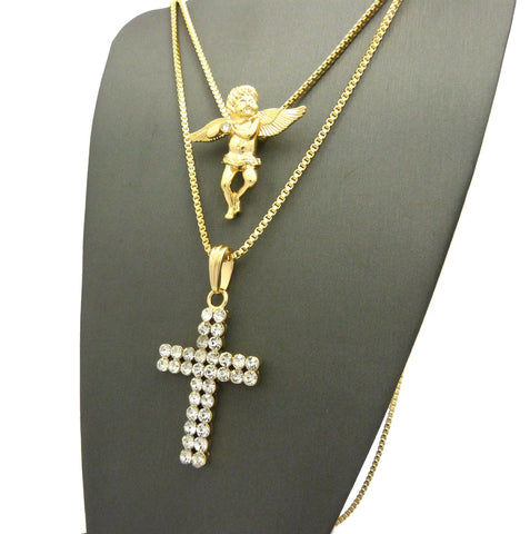 Nyfashion101 Cherub Angel & 2 Row Stone Cross Pendant Set W/ 24" & 30" Box Chain Necklaces In Gold-Tone