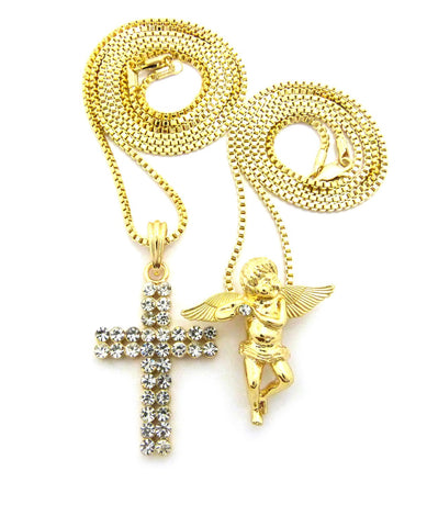 nyfashion101 Cherub Angel & 2 Row Stone Cross Pendant Set w/ 24" & 30" Box Chain Necklaces in Gold-Tone