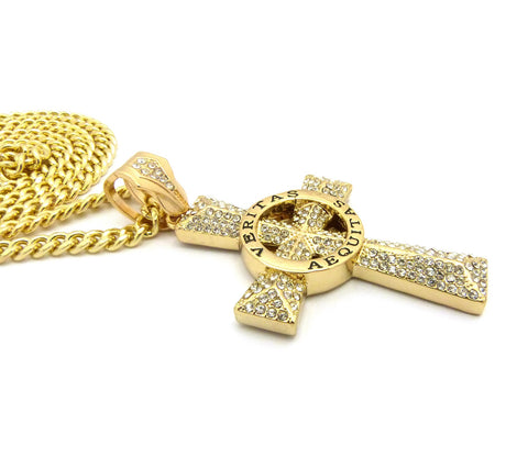 Nyfashion101 Circle Veritas Aequitas Stone Stud Cross Pendant W/6mm 30" Cuban Chain Necklace Gold-tone