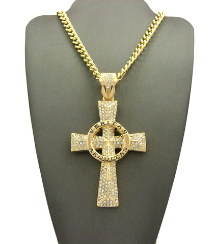 Nyfashion101 Circle Veritas Aequitas Stone Stud Cross Pendant W/6mm 30" Cuban Chain Necklace Gold-tone