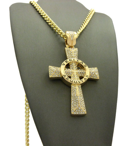 Nyfashion101 Circle Veritas Aequitas Stone Stud Cross Pendant W/6mm 30" Cuban Chain Necklace Gold-tone