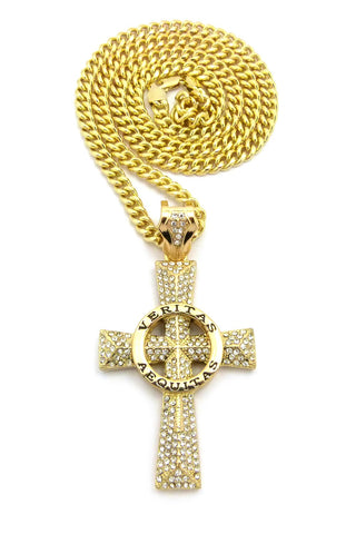 nyfashion101 Circle Veritas Aequitas Stone Stud Cross Pendant w/6mm 30" Cuban Chain Necklace Gold-tone