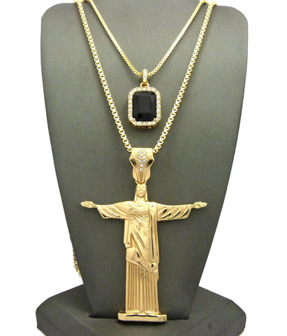 Nyfashion101 Colored Gemstone & Christ The Redeemer Pendant Set W/ 24" & 30" Box Chain Necklaces In Gold-Tone