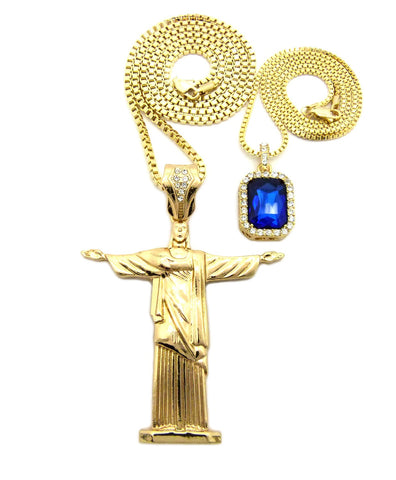 Nyfashion101 Colored Gemstone & Christ The Redeemer Pendant Set W/ 24" & 30" Box Chain Necklaces In Gold-Tone