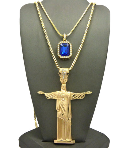 Nyfashion101 Colored Gemstone & Christ The Redeemer Pendant Set W/ 24" & 30" Box Chain Necklaces In Gold-Tone