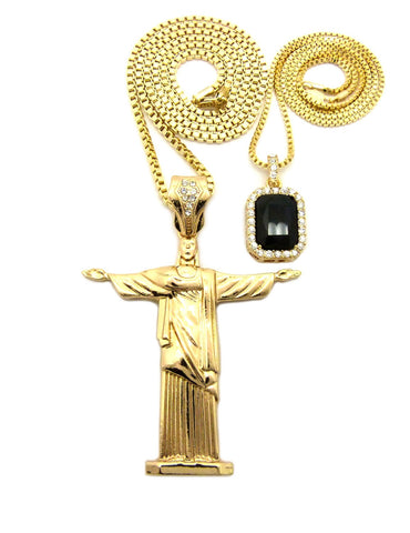 nyfashion101 Colored Gemstone & Christ the Redeemer Pendant Set w/ 24" & 30" Box Chain Necklaces in Gold-Tone