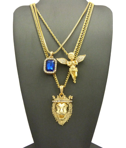 Nyfashion101 Colored Gemstone Extended Wing Pray Angel & King Lion Pendant Set W/ Varying Gold-Tone Chain Necklaces