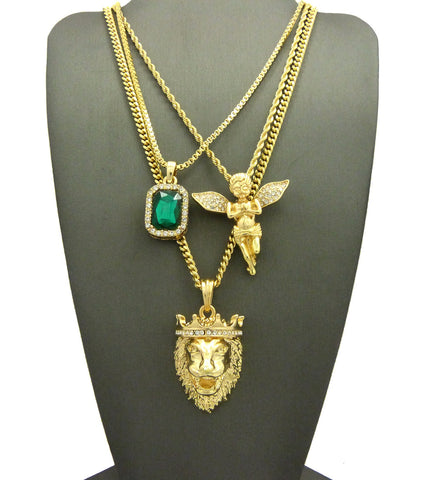 Nyfashion101 Colored Gemstone Extended Wing Pray Angel & King Lion Pendant Set W/ Varying Gold-Tone Chain Necklaces