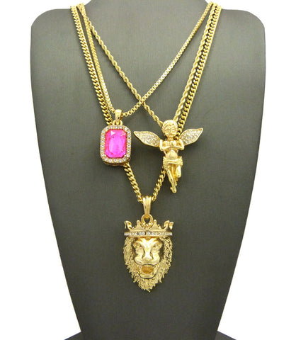 Nyfashion101 Colored Gemstone Extended Wing Pray Angel & King Lion Pendant Set W/ Varying Gold-Tone Chain Necklaces