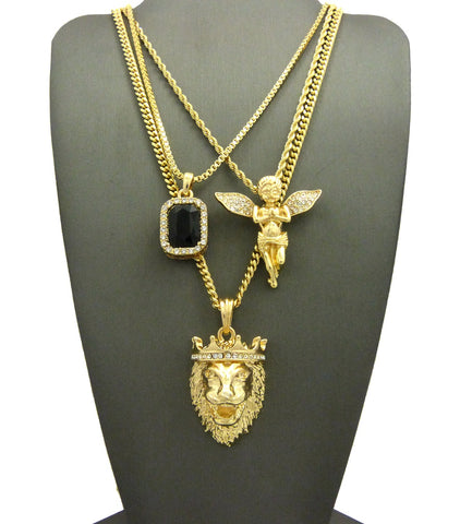 nyfashion101 Colored Gemstone Extended Wing Pray Angel & King Lion Pendant Set w/ Varying Gold-Tone Chain Necklaces