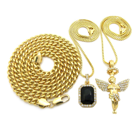 Nyfashion101 Colored Gemstone & Hip Hop Pendant Set On Box Chains With Cuban Chain In Gold-Tone