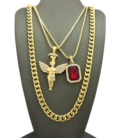 Nyfashion101 Colored Gemstone & Hip Hop Pendant Set On Box Chains With Cuban Chain In Gold-Tone