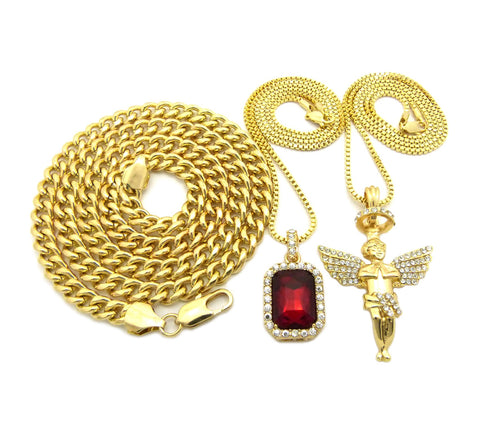 Nyfashion101 Colored Gemstone & Hip Hop Pendant Set On Box Chains With Cuban Chain In Gold-Tone