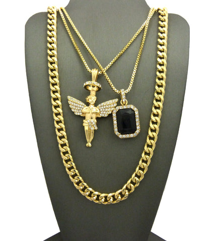 nyfashion101 Colored Gemstone & Hip Hop Pendant Set on Box Chains with Cuban Chain in Gold-Tone