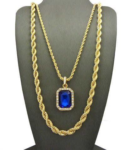 Nyfashion101 Colored Gemstone Pendant With 3mm 24" Rope Chain And 6mm 30" Rope Chain Necklace In Gold-Tone
