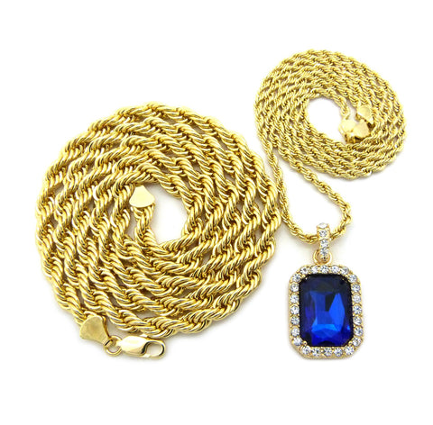Nyfashion101 Colored Gemstone Pendant With 3mm 24" Rope Chain And 6mm 30" Rope Chain Necklace In Gold-Tone