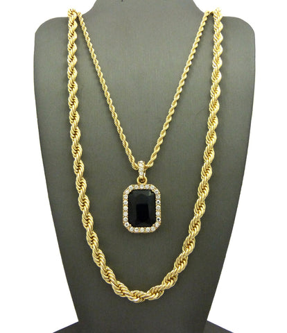 nyfashion101 Colored Gemstone Pendant with 3mm 24" Rope Chain and 6mm 30" Rope Chain Necklace in Gold-Tone