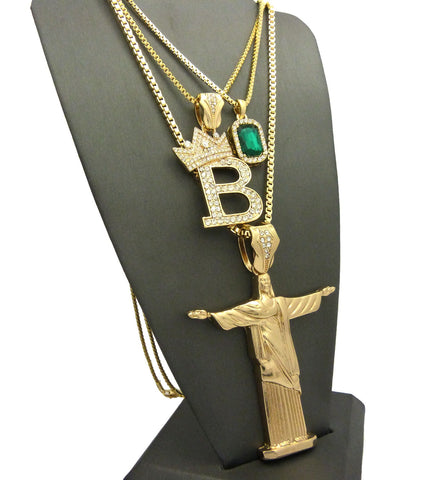 Nyfashion101 Colored Gemstone Tilted Crown Initial B Christ The Redeemer Pendant Set W/ Chain Necklaces