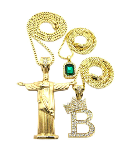 Nyfashion101 Colored Gemstone Tilted Crown Initial B Christ The Redeemer Pendant Set W/ Chain Necklaces