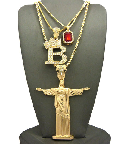 Nyfashion101 Colored Gemstone Tilted Crown Initial B Christ The Redeemer Pendant Set W/ Chain Necklaces