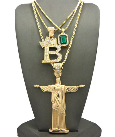 nyfashion101 Colored Gemstone Tilted Crown Initial B Christ the Redeemer Pendant Set w/ Chain Necklaces