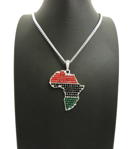 Nyfashion101 Colored Stone Pan Africa Continent Pendant With 3mm 24" Cuban Chain Necklace