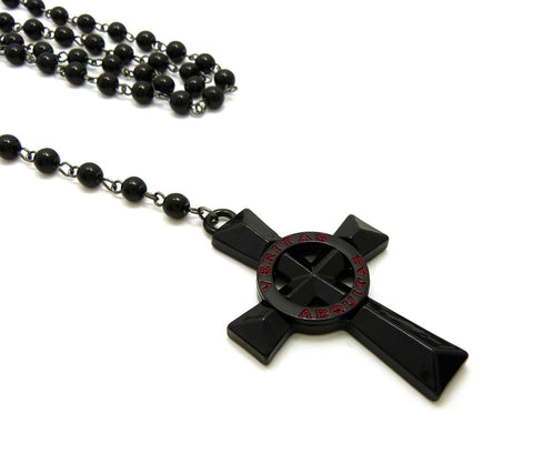 Nyfashion101 Colored Veritas Aequitas Cross Pendant With 6mm 30" Black Stone Rosary Necklace