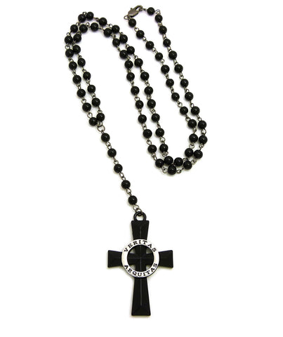 Nyfashion101 Colored Veritas Aequitas Cross Pendant With 6mm 30" Black Stone Rosary Necklace