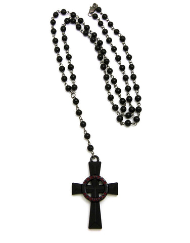 nyfashion101 Colored Veritas Aequitas Cross Pendant with 6mm 30" Black Stone Rosary Necklace