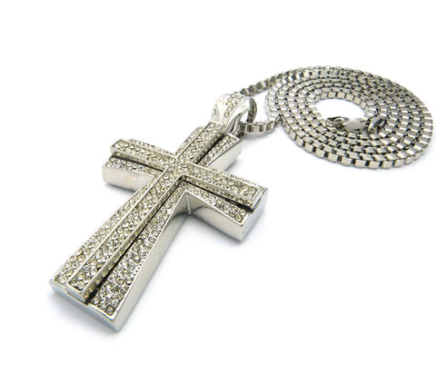 Nyfashion101 Cross Pendant W/ 36" Chain Necklace - Box Chain Iced Out Layered Cross