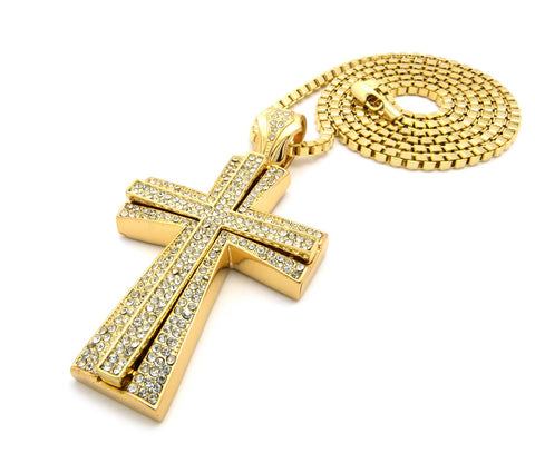 Nyfashion101 Cross Pendant W/ 36" Chain Necklace - Box Chain Iced Out Layered Cross