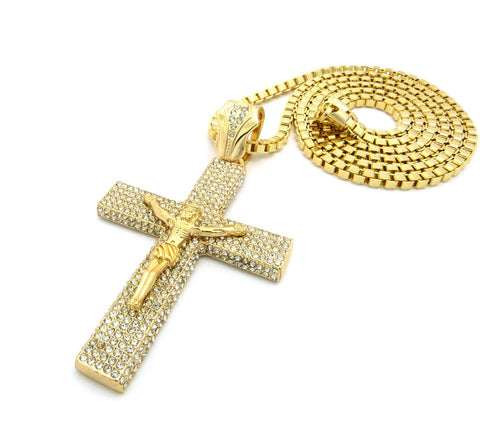 Nyfashion101 Cross Pendant W/ 36" Chain Necklace - Box Chain Paved Crucifix Jesus Gold-Tone