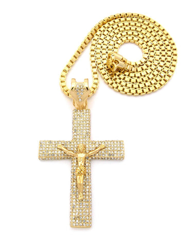 nyfashion101 Cross Pendant w/ 36" Chain Necklace - Box Chain Paved Crucifix Jesus Gold-Tone
