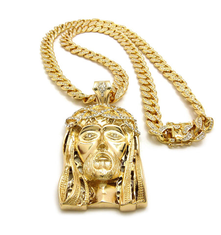 Nyfashion101 Crown Of Thorns Jesus Head Pendant With 12mm 30" Iced Out Cuban Chain Necklace In Gold-Tone