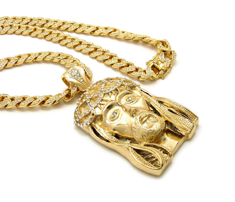 Nyfashion101 Crown Of Thorns Jesus Head Pendant With 12mm 30" Iced Out Cuban Chain Necklace In Gold-Tone