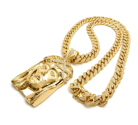 Nyfashion101 Crown Of Thorns Jesus Head Pendant With 12mm 30" Iced Out Cuban Chain Necklace In Gold-Tone