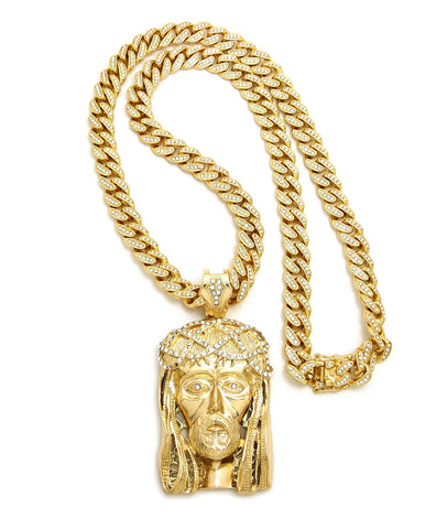 nyfashion101 Crown of Thorns Jesus Head Pendant with 12mm 30" Iced Out Cuban Chain Necklace in Gold-Tone