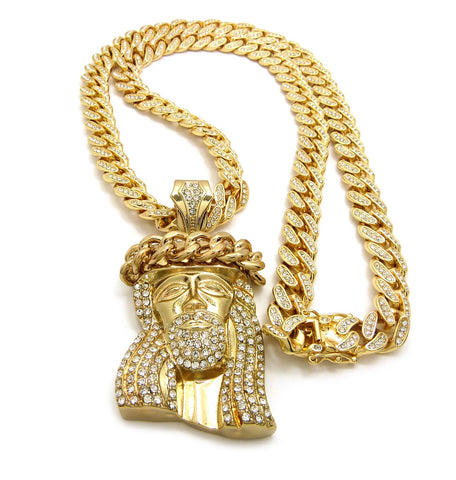 Nyfashion101 Crown Of Thorns Stone Stud Jesus Face Pendant 12mm 30" Iced Out Cuban Chain Necklace In Gold-Tone